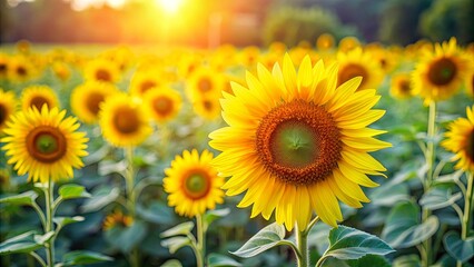 Fototapeta premium Vibrant field of blooming sunflowers under soft, natural light, with a blurred background, Sunflowers, vibrant, field, blooming