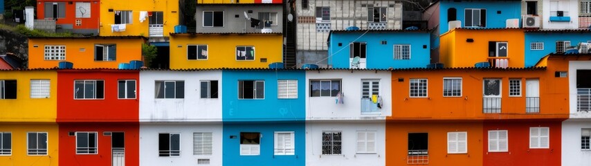Vibrant Brazilian Favela Cityscape, a colorful urban landscape showcasing unique architecture, ideal for graphic art projects, featuring bold hues and minimalist design elements.