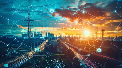 scenic view of a city's power grid at sunset. The image showcases the digital transformation of the city's infrastructure, with a network of interconnected lines and towers.