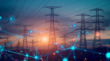 Silhouette of power lines against a sunset sky, with glowing dots depicting the flow of electricity. The image represents the power infrastructure and the interconnectedness of the electrical grid.