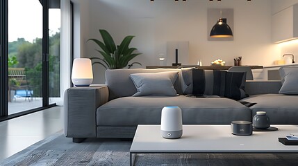 modern living room with smart home automation features, featuring a comfortable couch, coffee table, and lamps, creating a cozy and elegant atmosphere.