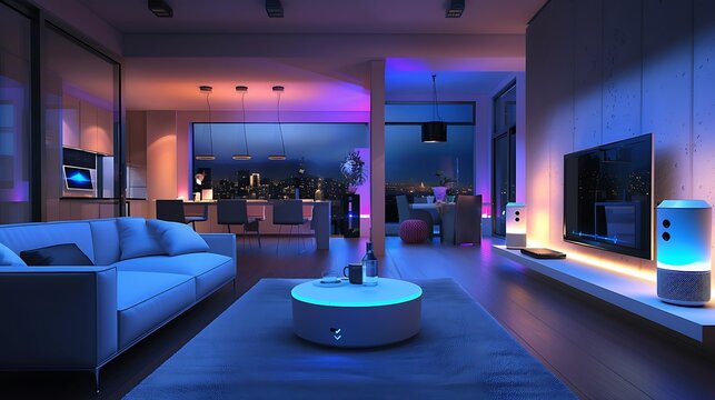 Modern living room with smart home technology features comfortable white sofa coffee table with glowing lights large screen TV and cityscape view for connected lifestyle innovation concept.