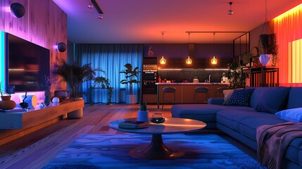 modern living room with LED lighting, showcasing a comfortable couch, a TV, and a stylish coffee table, all illuminated by a vibrant color scheme that creates a relaxing and inviting ambiance.