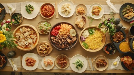 Beautifully Arranged Chuseok Feast Featuring Traditional Korean Dishes Like Japchae and Bulgogi on a Festive Table Setting