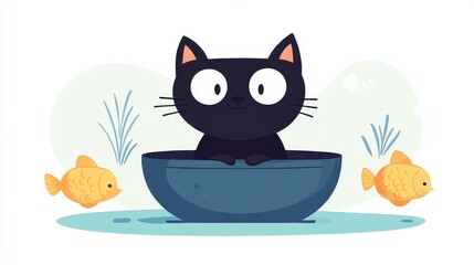 A modern flat illustration features a black cat curiously eyeing a golden fish in a colorful, textured scene.