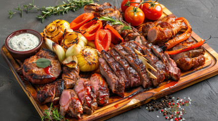 A mouthwatering barbecue platter with an assortment of meats, bursting with vivid colors.