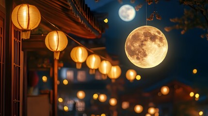 Luminous full moon lanterns hanging outside homes during the Chuseok harvest festival creating a serene and festive atmosphere on the autumn night