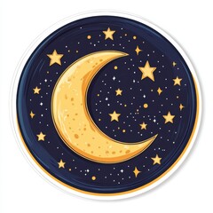 Sticker of a moon and stars in circle shape, flat vector illustration, on white background, digital sticker, clipart, icon