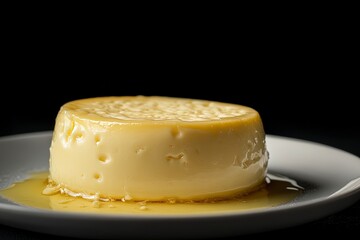 round ripe cheese with mold, melted cheese with white plate on table. black background. Generative ai