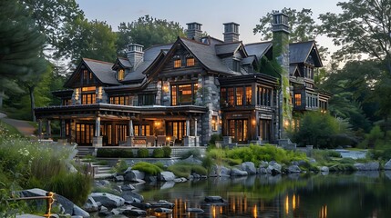 Fototapeta premium majestic luxury lakefront home with stone and wood exterior, set against a lush green backdrop with a pond reflecting the warm lights in the evening.