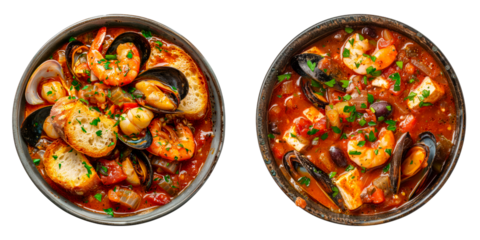 Set of rustic and flavorful seafood stew Cioppino isolated on transparent background.