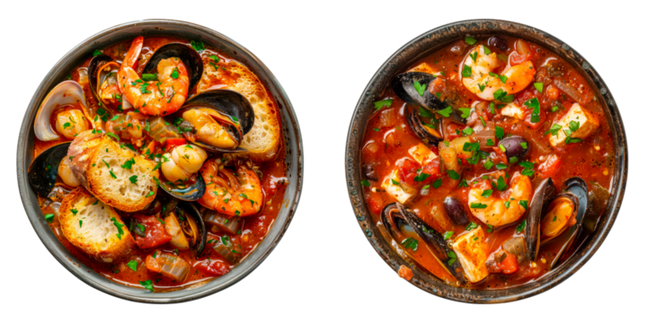 Set of rustic and flavorful seafood stew Cioppino isolated on transparent background.