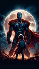 a powerful superhero, their costume ripped and bloodied, standing protectively in front of a terrified child, both bathed in the light of a full moon