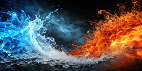 Abstract background featuring black, orange, blue fire, ice, wind, water, and earth elements , abstract, black, orange, blue, fire