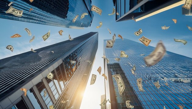 オフィス街に散る紙幣、金融危機のイメージe