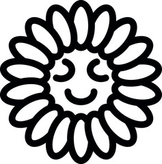 Cute smiling sun hiding in a flower with closed eyes, black and white line art drawing