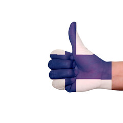 thumbs up painted in finland flag colors isolated on white background