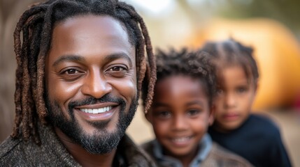 Fototapeta premium Happy Family Portrait: Smiling Father with Dreadlocks and Two Children, Outdoors in a Warm, Sunny Setting