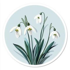 Sticker of a snowdrop in circle shape, flat vector illustration, on white background, digital sticker, clipart, icon 