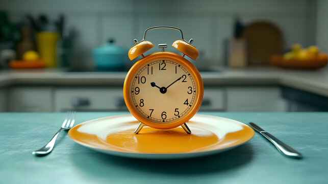 Yellow alarm clock on a plate with a fork and knife.