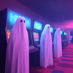 Ghostly game characters in a dark arcade, eerie atmosphere, 3D illustration