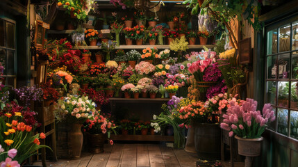 A picturesque flower shop with an impressive assortment of fresh, colorful flowers.