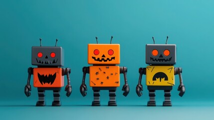 Fototapeta premium Halloween-themed robots with creepy decorations, 3D illustration