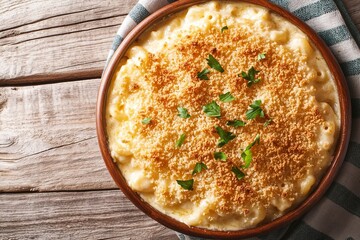 Traditional southern Mac and cheese with breadcrumbs on wooden background, top view. Homemade cheesy and creamy pasta casserole with meat. Generative ai
