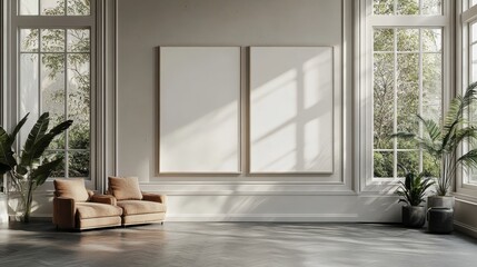 A large room with a white wall and two empty picture frames