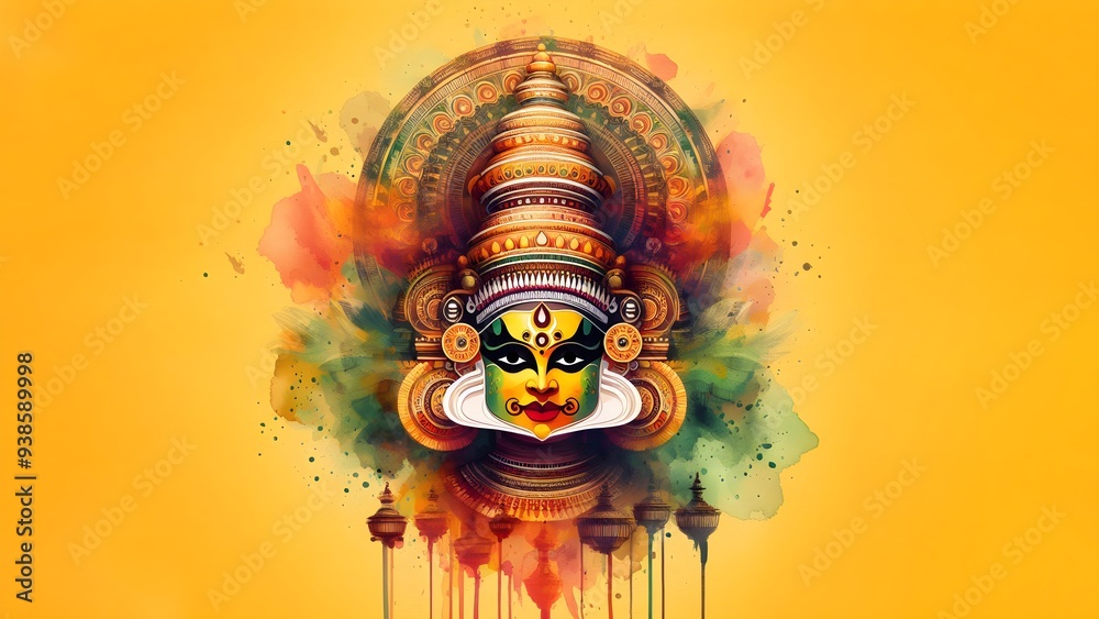 Wall mural abstract illustration of kerala traditional art form kathakali in yellow background, abstract wallpa