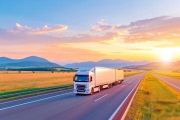 Truck on Open Road at Sunset. Stunning Transport Scene with Cargo Truck Driving on Highway Through Lush Fields and Rolling Hills. Journey and Adventure