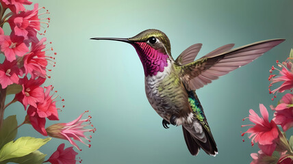 Fototapeta premium Anna's hummingbird and flowers background illustration, hovering hummingbird wallpaper design
