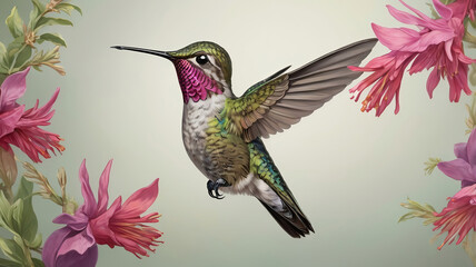 Obraz premium Hovering anna's hummingbird illustration background, hummingbird and floral wallpaper graphic