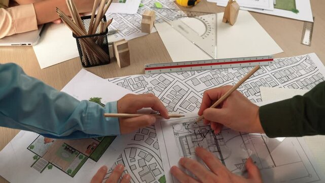 Smart architect and safety engineer discussion about building blueprint on table with architectural document, measurement tools and wooden block scatter around at modern office. Closeup. Delineation.