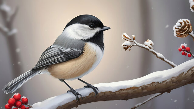 Black-capped chickadee bird perched on a tree branch in winter painting illustration