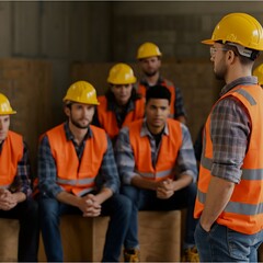 "A Worker in the Foreground Wearing a Yellow Helmet and Orange Vest, Facing a Group of Workers in Safety Gear, Attending a Construction Safety Training Session,  Safety Protocols and Training