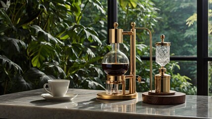  high-end coffee siphon setup, elegantly arranged on a polished marble countertop, exudes opulence and sophistication. 