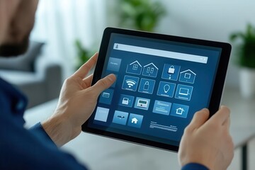 A person using a tablet to control smart home features, showcasing modern technology and home automation.