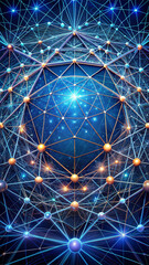 Fototapeta premium Abstract geometric network background with interconnected nodes and lines, glowing blue and orange, futuristic technology and communication concept