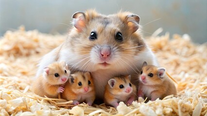Mother hamster tenderly nursing her tiny babies , hamster, motherhood, nursing, caring, small, adorable, cute, furry, newborn