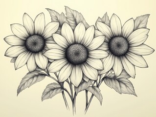 Hand-drawn outline of a sunflower bouquet, clean lines and minimalist style, black on white, [flower clipart], [bouquet], [outline]