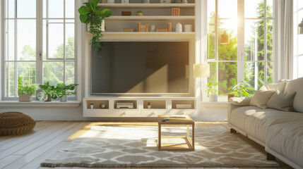 A sparkling clean TV room with a large screen, tidy shelves, and warm sunlight streaming through the windows.