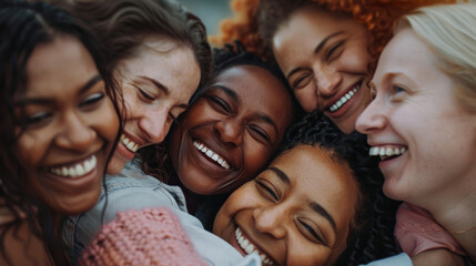 Obraz premium Smiling Women in Support Group Embracing, Breast Cancer Awareness 