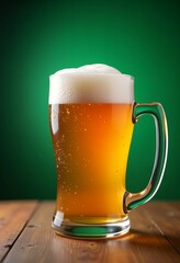 Beer mug on wooden table traditional bavarian oktoberfest drink green background