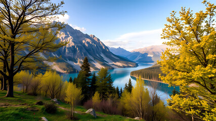 pretty mountain view with trees and lake in spring season. Creative dynamic composition varies the angle. macro natural photography, taken by an expensive, very high-tech camera. eye-catching, enticin