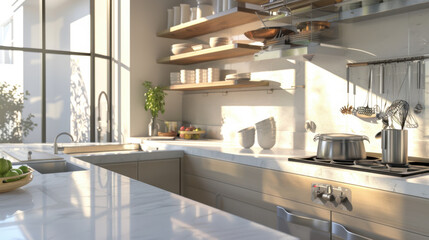 A spotless kitchen with pristine countertops and organized shelves, radiating cleanliness.