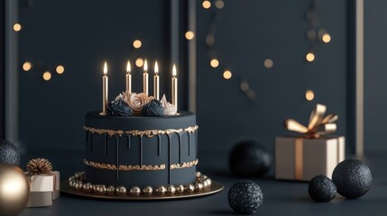 Elegant birthday scene, stylish cake with candles, luxury gift boxes, and a sophisticated greeting card