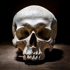 Obraz premium Old human skull on a wooden surface