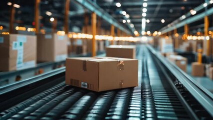 A cardboard box is sitting on a conveyor belt in a warehouse. The box is brown and has a label on it