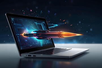  Futuristic laptop screen launching sleek rocket